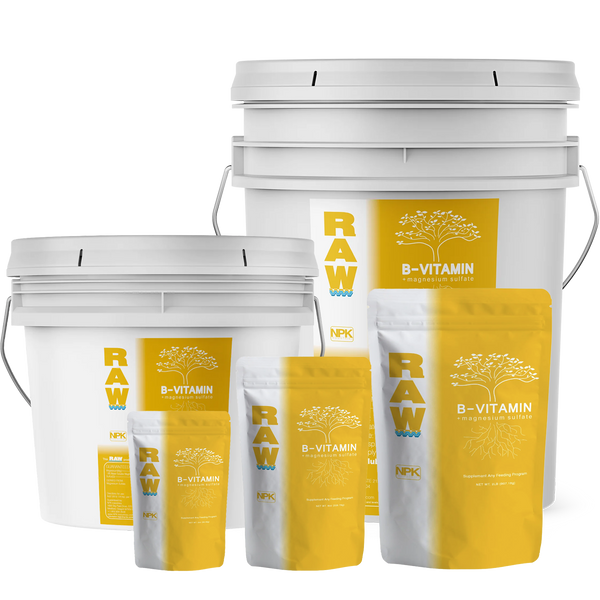 RAW B Vitamin plant supplement, available in 2oz, 8oz, 2lb, 10lb, and 25lb sizes