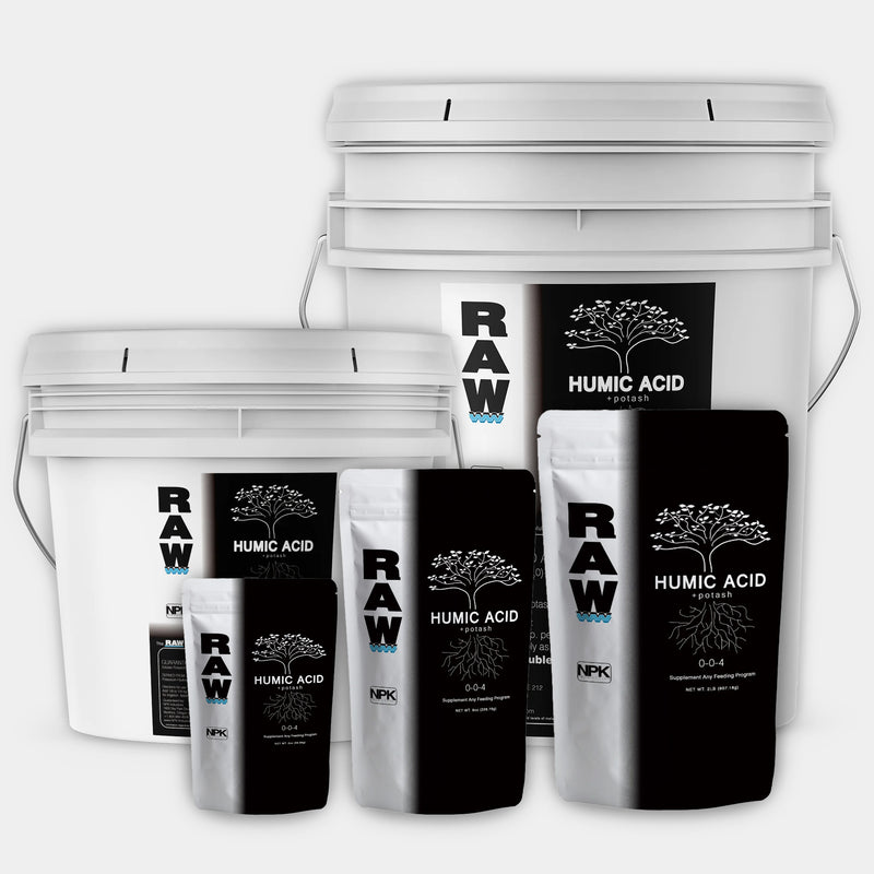 RAW Humic Acid fertilizer 0-0-4 with soluble potash, concentrated water-soluble humic acid derived from leonardite, available in multiple sizes for soil, hydroponics, and foliar use.