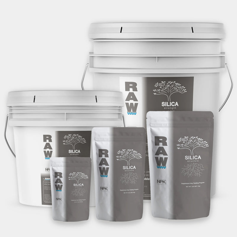 RAW Silica supplement, 45% silicon dioxide biogenic silica in water-soluble powder form, fertilizer additive for soil, hydroponics, and foliar use, available in multiple sizes.