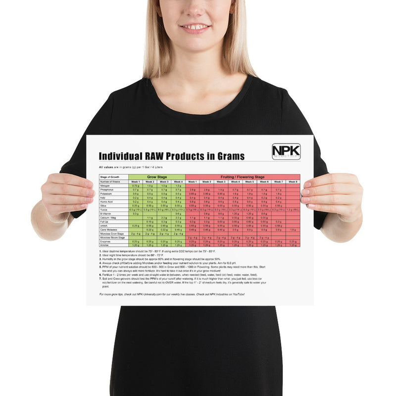 Individual RAW Products in Grams Feeding Chart Poster